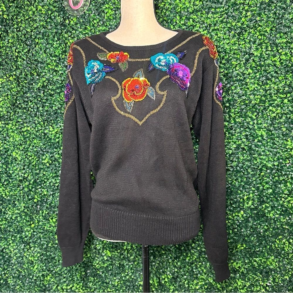 NWT Vtg. 80s Lindsey Blake Holiday Sequins Floral Cotton Knit Black Sweater Sz M